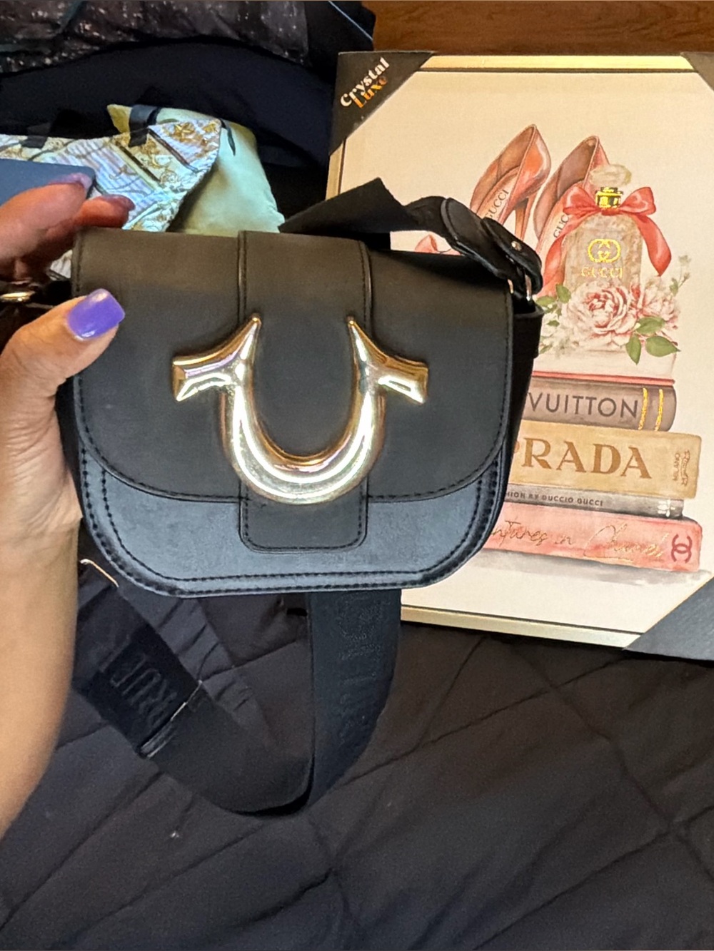 True Religion Black Crossbody with Gold Horseshoe Hardware